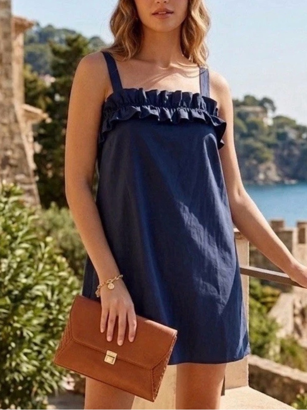 Amanda Uprichard Cotton Ruffle Mini Dress Navy Blue L Coastal Preppy Coquette